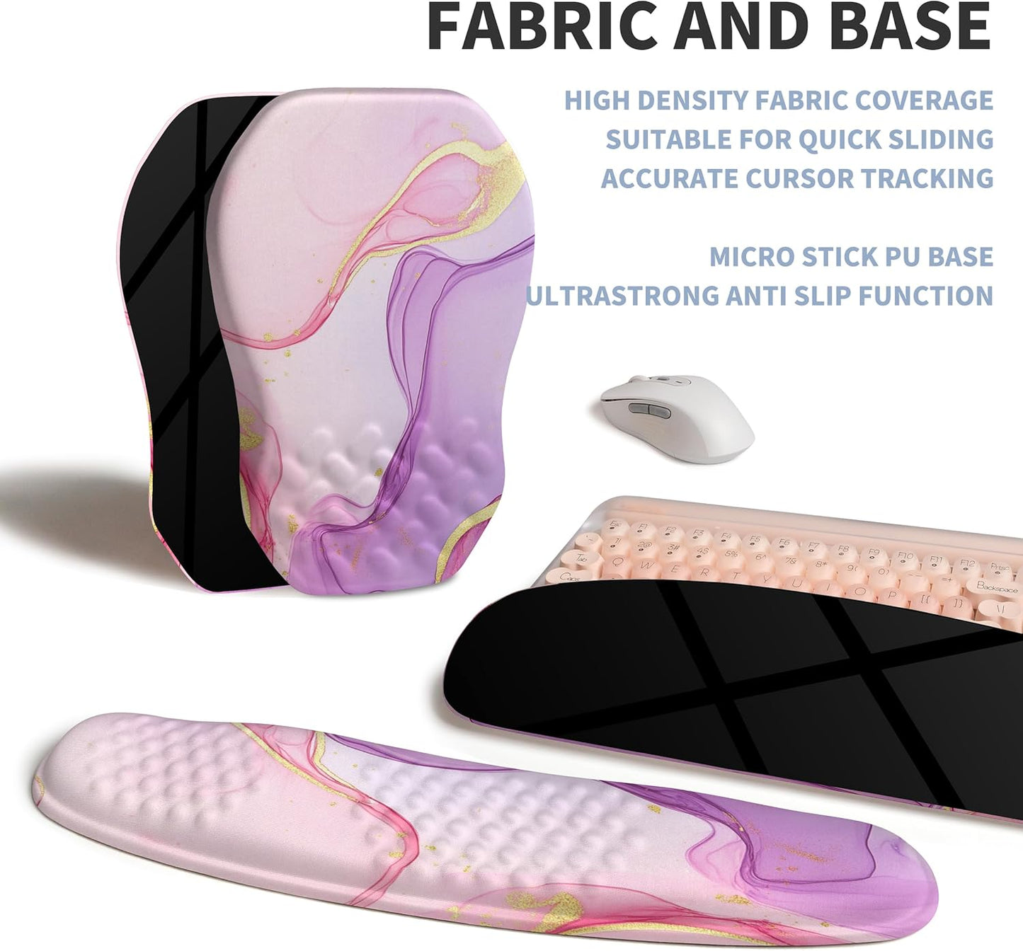 2-in-1 Ergonomic Set, Wave Keyboard Wrist Rest and Massage Slope Mouse Pad Wrist Support, Rebound Memory Foam for Relieve Carpal Tunnel Syndrome and Wrist Pain (Pink Purple Marble)