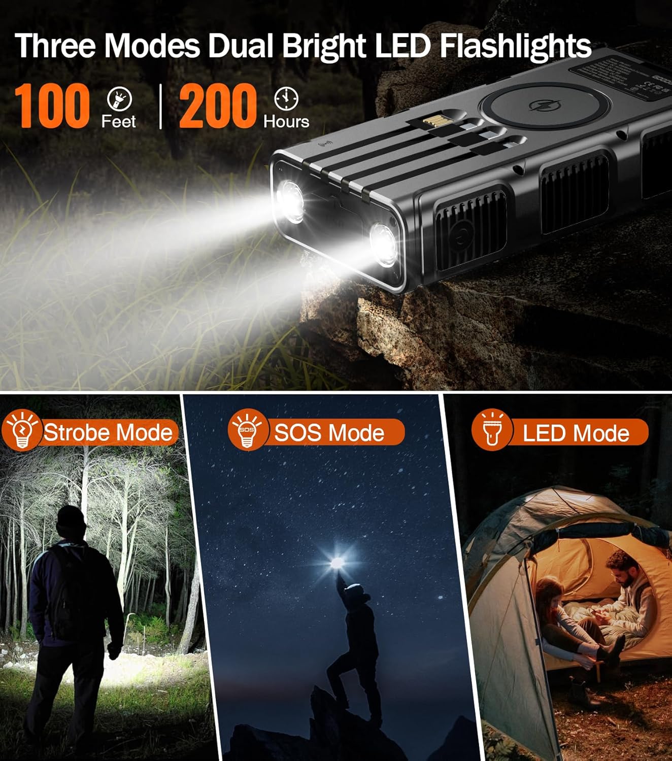 GOODaaa Power Bank Wireless Charger 45800mAh Built in Hand Crank and 4 Cables 15W Fast Charging Power Bank 7 Outputs & 4 Inputs Solar Portable Charger, SOS/Strobe/Strong Flashlights, Compass