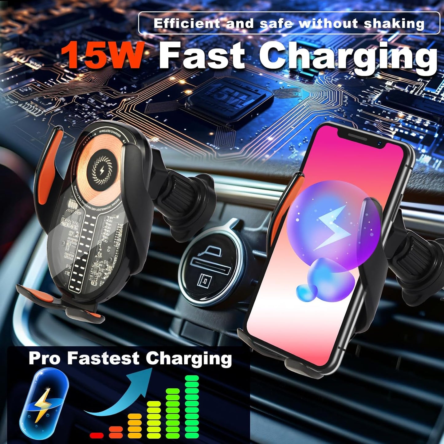 Wireless Car Charger, Cell Phone Car Mount 15W Fast Charging Auto Clamping for Car Vent Phone Holder Charger for iPhone 16 15 14 13 12 11 Pro Max, Glaxy S24 Ultra, LG, Google
