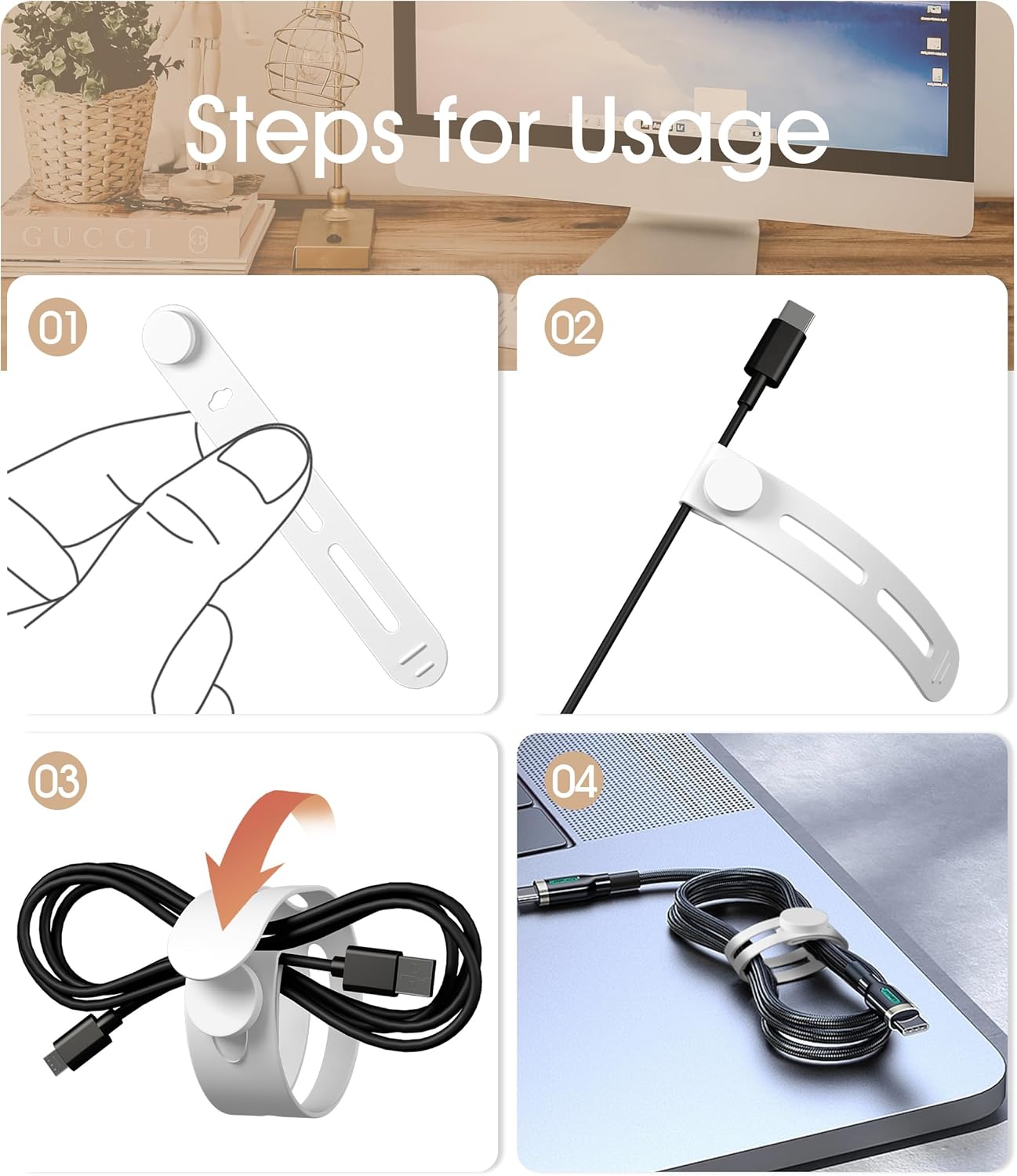 40Pcs Nearockle Reusable Cable Ties, Adjustable Silicone Cord Organizer Small Zip Ties for Charging Cords Earphone Computer Wire, Office Desk Cable Management Travel Accessories(White)