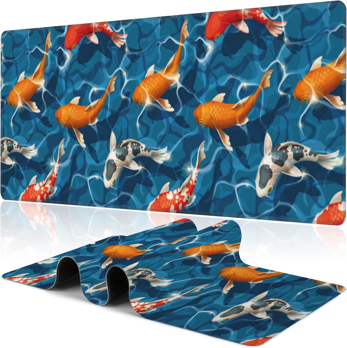 Koi Carps Desk Mat,Large Swimming Koi Fish Gaming Keyboard Mouse Pad,Non-Slip Rubber Base Desk Pad Thick Stitched Edges Waterproof Mousepad Mouse Mat 31.5"x11.8"