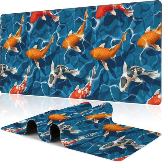 Koi Carps Desk Mat,Large Swimming Koi Fish Gaming Keyboard Mouse Pad,Non-Slip Rubber Base Desk Pad Thick Stitched Edges Waterproof Mousepad Mouse Mat 31.5"x11.8"