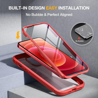 Miracase Glass Series for iPhone 12/12 Pro Case 6.1 inch, Upgraded Full-Body Rugged Phone Bumper Case Cover with Built-in 9H Tempered Glass Screen Protector and Camera Protector, Red