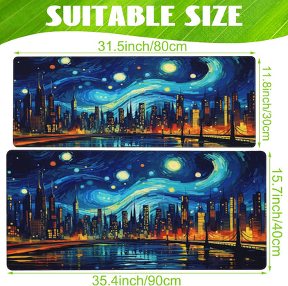 Desk Pad,City Starry Night Desk Mat,Abstract Oil Painting Large Gaming Mouse Pad for Desk,Extended Big Computer Keyboard Mouse Pad with Non-Slip Base and Stitched Edge,31.5"x11.8"