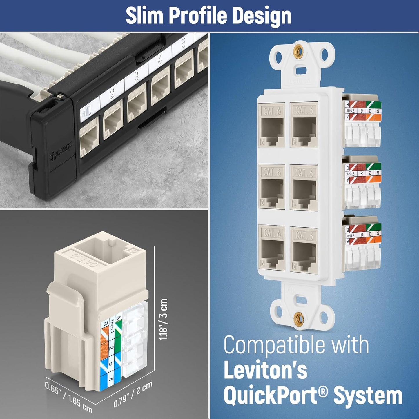Everest 90° Angled RJ45 Cat6A Keystone Jacks 50-Pack in Light Almond - Slim Profile Female RJ45 Connectors - Cat 6A Keystone Jack - Compatible with 90° Angled Speed Termination Tool - easyJACK