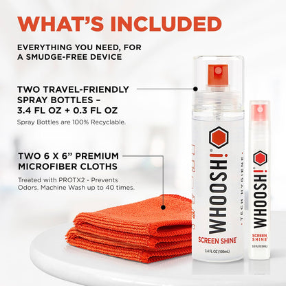 WHOOSH! Screen Shine Duo - Screen Cleaner Spray for iPad, Monitor, Laptop, MacBook - 3.4 oz & 0.3 oz Bottles with 2 Microfiber Cloths - Portable Electronic Cleaning Kit for Travel, Office, and Home