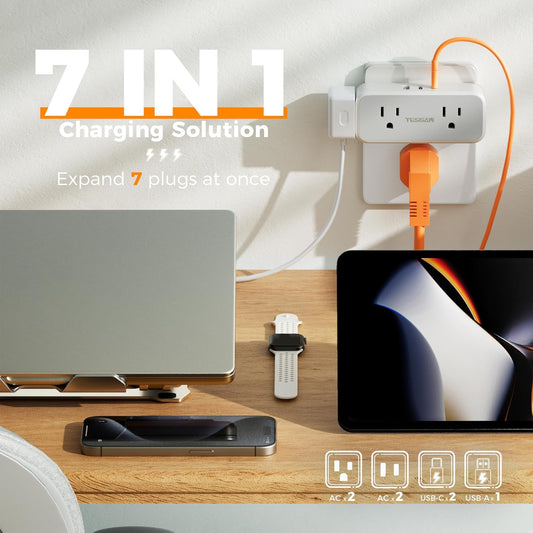 Surge Protector Outlet Extender, TESSAN Multi Plug Splitter with 4 Electrical Outlets 3 USB Blocks(2 USB C), Flat Multiple Wall Plug Expander for Bathroom Home Office Dorm Room Essentials