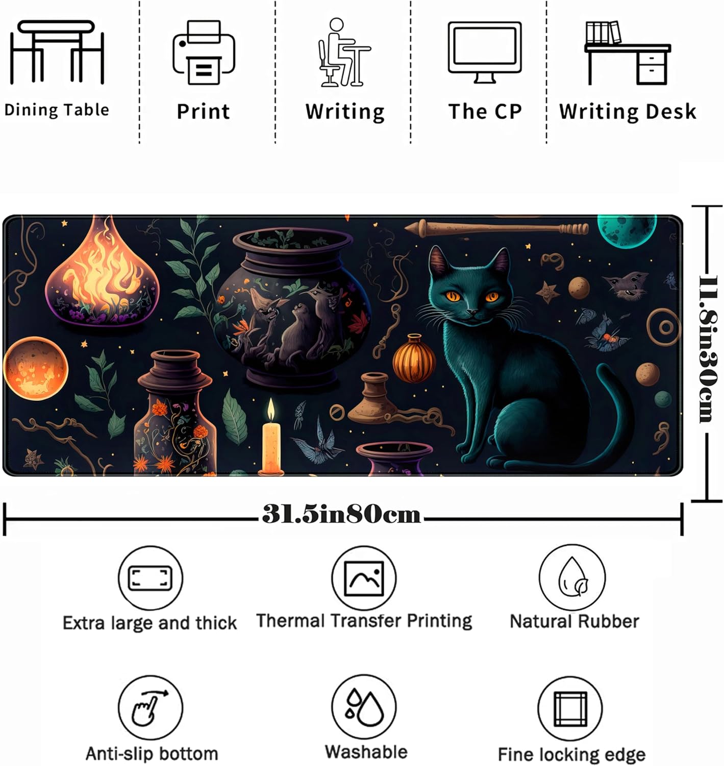 Anime Blue Cat Kawaii Cats Mouse Pad, XL Large Extended Gaming Desk Pad, Women Desk Decor Pad Computer Laptop Keyboard and Wireless Mouse Mat with Stitched Edges 31.5x11.8 in