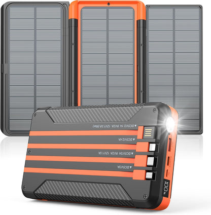 Power Bank Solar Charger 46800mAh Built in 4 Cables 3 Foldable Solar Panels, PD20W Fast Charging Portable Charger, LED Display Powerbank USB C in/Output, External Battery Pack with SOS Camping Light
