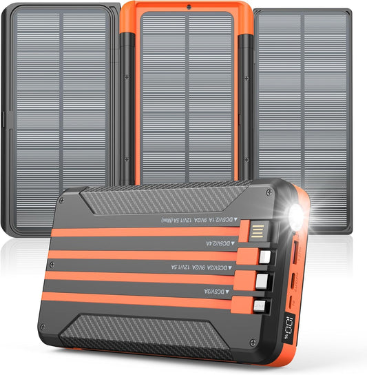 Power Bank Solar Charger 46800mAh Built in 4 Cables 3 Foldable Solar Panels, PD20W Fast Charging Portable Charger, LED Display Powerbank USB C in/Output, External Battery Pack with SOS Camping Light