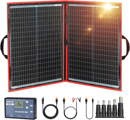 DOKIO 100W Portable Foldable Solar Panel Kit (19x26in, 5.3lb), with Separate Controller and Dual USB, Monocrystalline Charger for 12V Batteries & Power Stations, RV Camping Trailer Emergency Backup