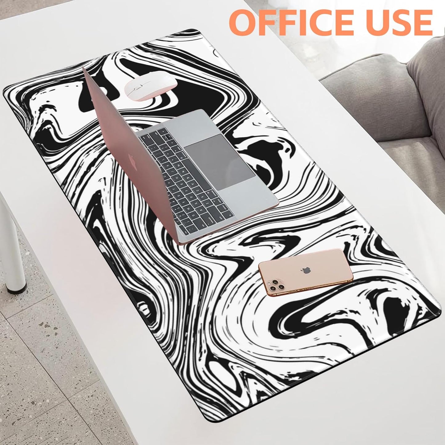 Mouse Pad Large Black and White Fluid Non-Slip Gaming Desk Mat with Stitched Edge Laptop Keyboard Desk Pad for Work Home Gaming (35.4 x 15.7 Inches)