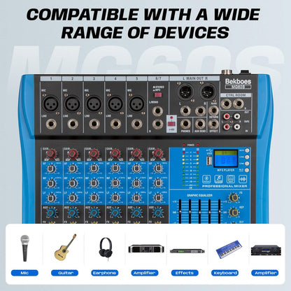 Professional Audio Mixer, 6 Channel, Input 48V Phantom Power Stereo Digital USB Bluetooth MP3 Computer Input, Build-in 16 Effect DSP, for Recording, Live Streaming, Podcasting MG60S