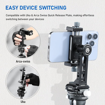 Ulanzi MA53 Metal Tripod Phone Mount, Smartphone Tripods Adapter with Arca Swiss/Uka Port, 2 Cold Shoe, 360° Cellphone Tripod Mount, for iPhone 17 Samsung Holder for Photo Video Vlogging Rig