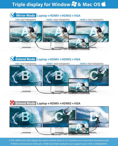 UtechSmart USB Docking Station, 11 IN 1 USB C Dock Triple Display, USB 3.0 Laptop Docking Station with Dual HDMI, VGA, PD, Ethernet, SD/TF, USB 3.0, Mic/Audio, Compatible for MacBook M1 Dell HP Lenovo