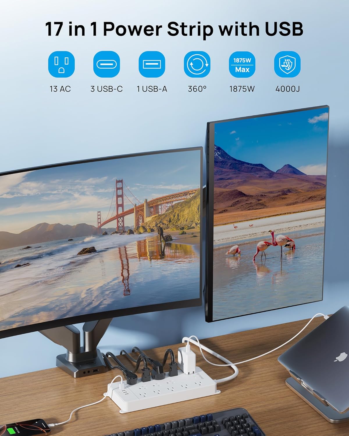 TROND 360° Rotating Flat Plug, Surge Protector Power Strip, 13AC Widely Spaced Outlets Expansion with 3 USB C Ports, 4000J, 10ft Extension Cord Heavy Duty, Wall Mount, Under Desk, ETL Listed, White