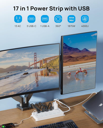 TROND 360° Rotating Flat Plug, Surge Protector Power Strip, 13AC Widely Spaced Outlets Expansion with 3 USB C Ports, 4000J, 5ft Extension Cord Heavy Duty, Wall Mount, Under Desk, ETL Listed, White