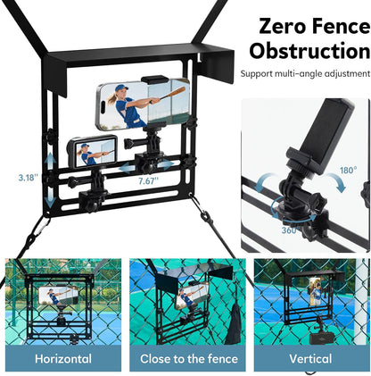 Cell Phone Fence Mount with Shade, Fence Phone Holder Mounting Kit for iPhone, GoPro, Mevo Start, Insta360 and Other Action Cameras, Streaming Kit for Recording Baseball, Softball and Tennis
