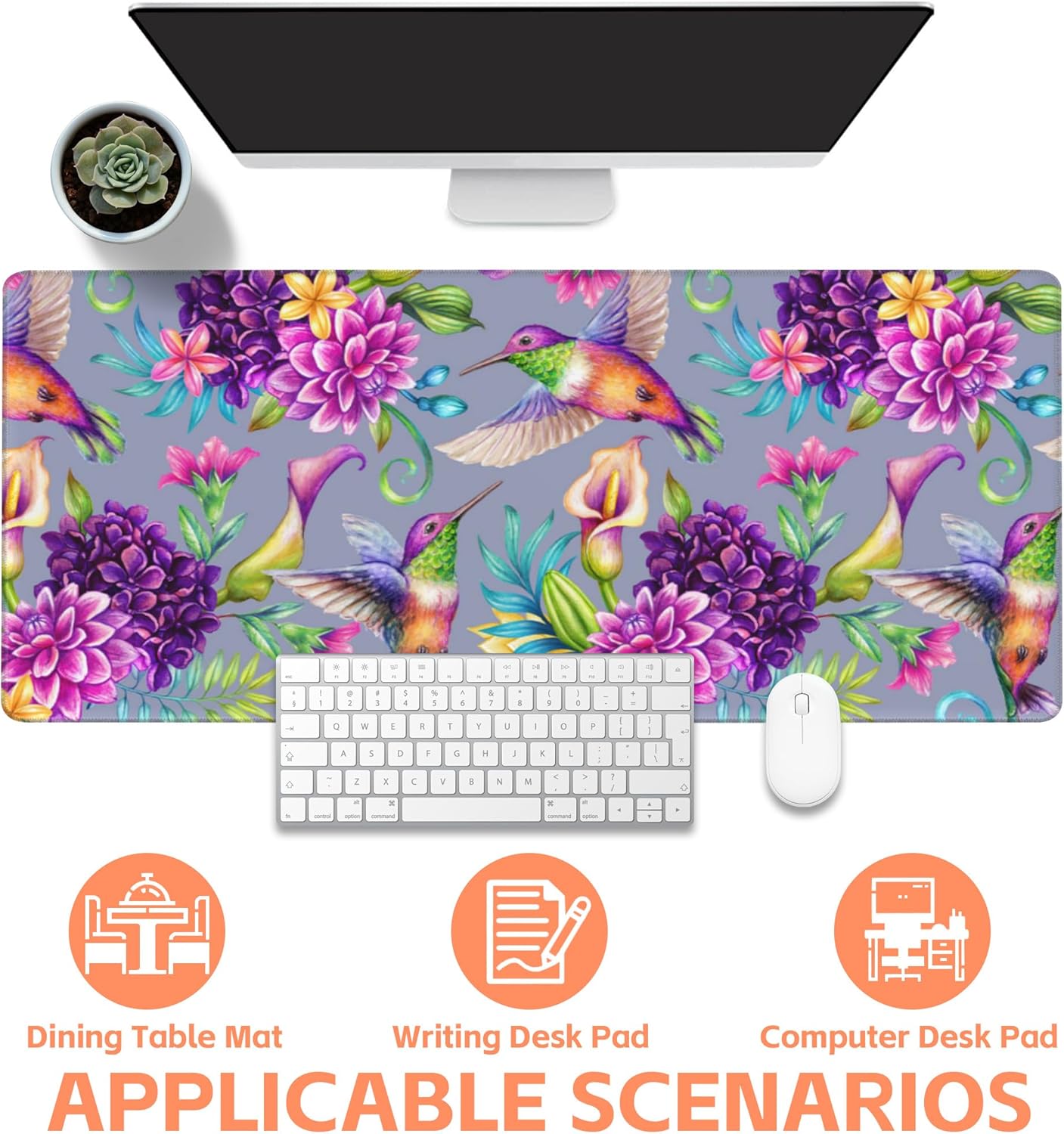 Mouse Pad Large Humming Bird and Flowers Non-Slip Gaming Desk Mat with Stitched Edge Laptop Keyboard Desk Pad for Work Home Gaming (35.4 x 15.7 Inches)