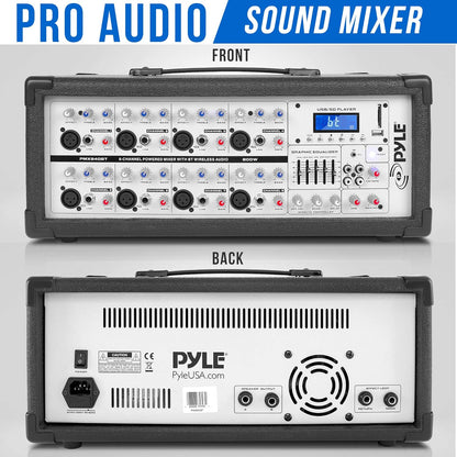 PyleUsa 8 Channel Bluetooth Stage Powered Mixer, 800 Watt Pro Audio Sound Mixer, MP3 USB SD Readers, Aux Input, Digital LCD Display, Built in Cooling Fan