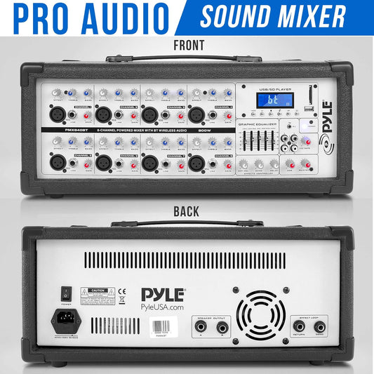 PyleUsa 8 Channel Bluetooth Stage Powered Mixer, 800 Watt Pro Audio Sound Mixer, MP3 USB SD Readers, Aux Input, Digital LCD Display, Built in Cooling Fan