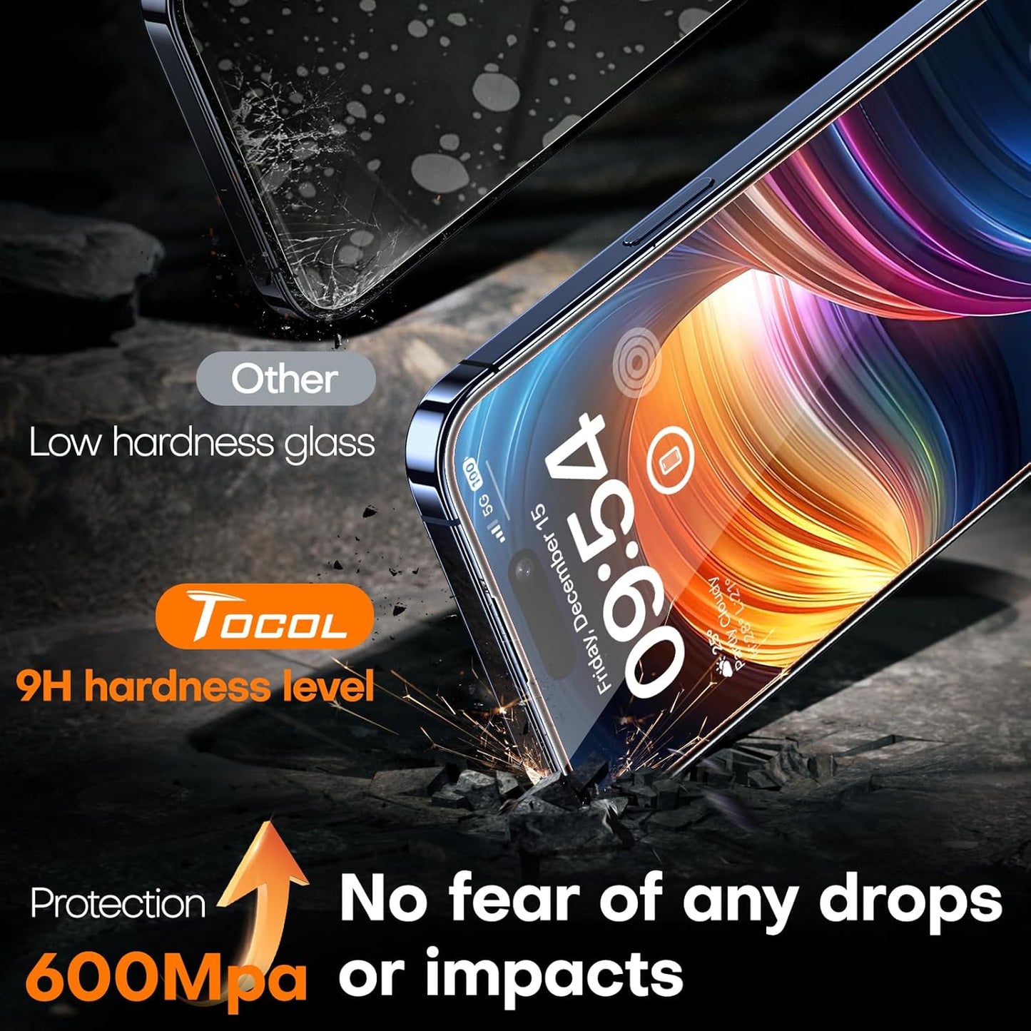 TOCOL for iPhone 15 Screen Protector 9H Hardness Military Grade Shatterproof HD Tempered Glass Full Coverage Easy Installation Case Friendly 2 Pack
