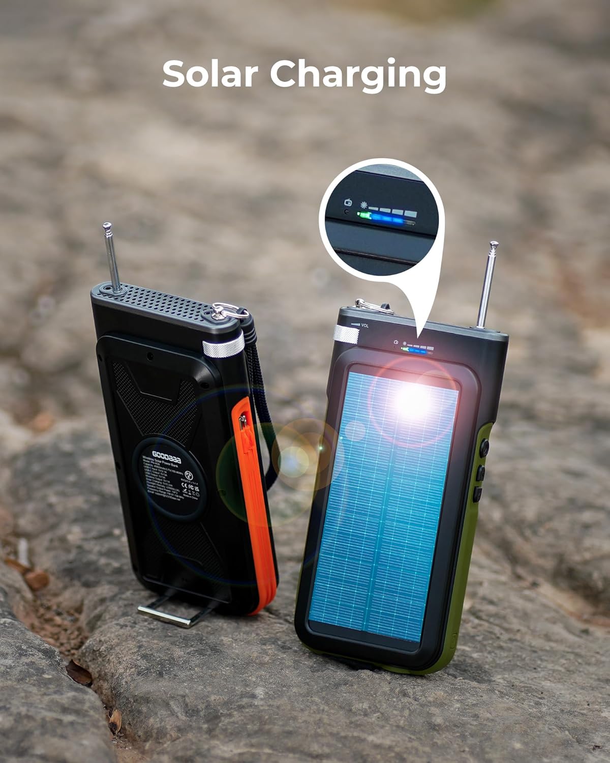 GOODaaa Solar Power Bank, 45800mAh Wireless Portable Charger Built-in Cables,15W Fast Charging Solar Charger, USB C in&Out and USB A Battery Pack for Outdoor with Emergency Radio,Flashlight