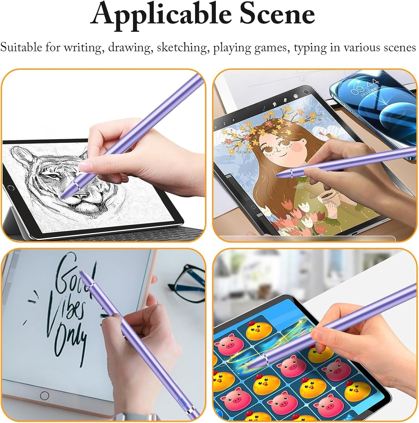 DOGAIN Active Stylus Pen for Touchscreen, iPad Pencil 1.5mm Fine Point Pen, Digital Pens Rechargeable for Tablet, Stylus Pens Compatible with iPad Air/Mini/Pro/Android/iPhone and Most Device - Purple