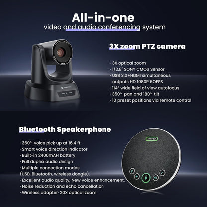 Conference Room PTZ Camera System 3X Optical Zoom USB3.0, HDMI 114° Wide Angle 1080P 60fps Camera Bundle with Bluetooth Microphones - Easy Setup for Church