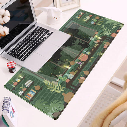 Kawaii Rainy Night Desk Mat Green Plants Gaming Mouse Pad XL, Aesthetic Anime Black Cat Desk Pad Laptop Computer Keyboard Mouse Mat, Desktop Decor Accessories for Girl Women Office 31.5"x11.8"