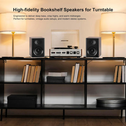 Bookshelf Speakers with Deep Bass, 80W Peak Output HiFi Gaming Computer Speakers, 4" Desktop Audio System for Home Entertainment, Turntable, Pair, Walnut