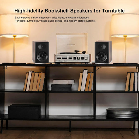 Bookshelf Speakers with Deep Bass, 80W Peak Output HiFi Gaming Computer Speakers, 4" Desktop Audio System for Home Entertainment, Turntable, Pair, Walnut