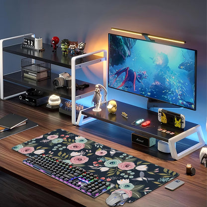 Colorful Flowers and Birds Desk Mat,Large Spring Floral Bird Gaming Keyboard Mouse Pad,Non-Slip Rubber Base Desk Pad Thick Stitched Edges Waterproof Mousepad Mouse Mat 31.5"x11.8"