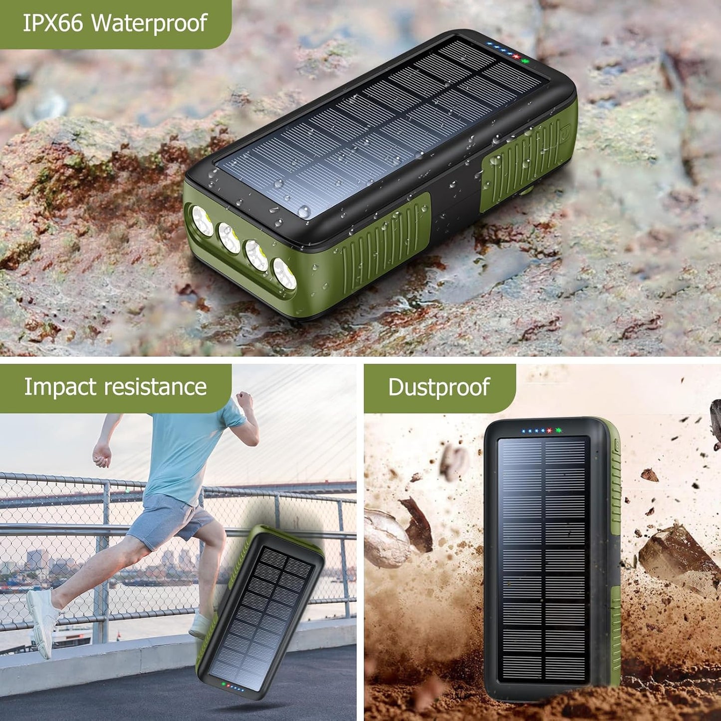 Solar Charger Power Bank 63200mAh, Portable Charger with Dual Outputs & Dual Inputs 4 LEDs Flashlight, Hand Crank Power Bank Fast Charging Battery Pack for Outdoor Camping Survival Gear (army green)