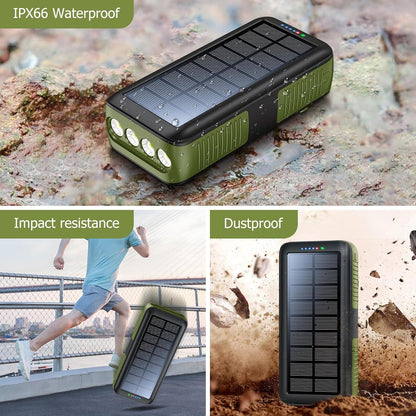 Solar Charger Power Bank 63200mAh, Portable Charger with Dual Outputs & Dual Inputs 4 LEDs Flashlight, Hand Crank Power Bank Fast Charging Battery Pack for Outdoor Camping Survival Gear (army green)