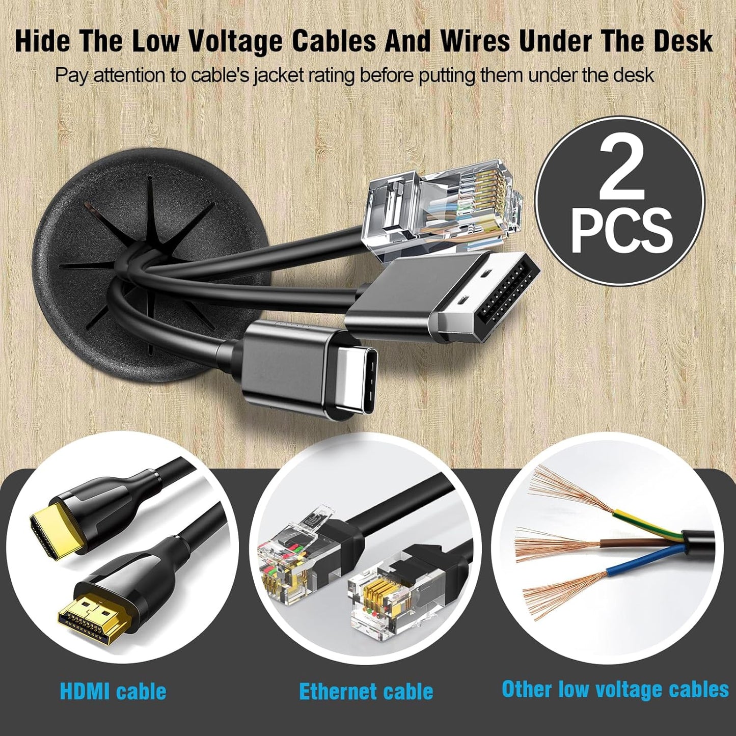 2-3/8" Black Desk Grommet, JTemgle Flexible Cable Grommet Rubber Cable Hole Cover Wire Organizer Caps Desktop Cord Management for Home Office TV Stands Tabletops, 2 Pieces