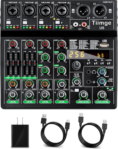 Professional 6-Channel Audio Mixer with 256 DSP Effects,48V Phantom Power,Bluetooth,MP3,USB Recording Input,Portable Sound Mixing Console for Streaming,DJ Show,Karaoke