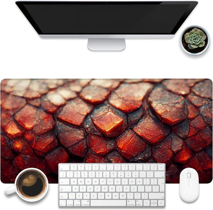 Desk Mat, Red Fire Dragon Scales Desk Pad, Cool Dragon Large Gaming Mouse Pad for Desk, 31.5"x15.7" Extended Big Computer Keyboard Mouse Pad with Non-Slip Base and Stitched Edge