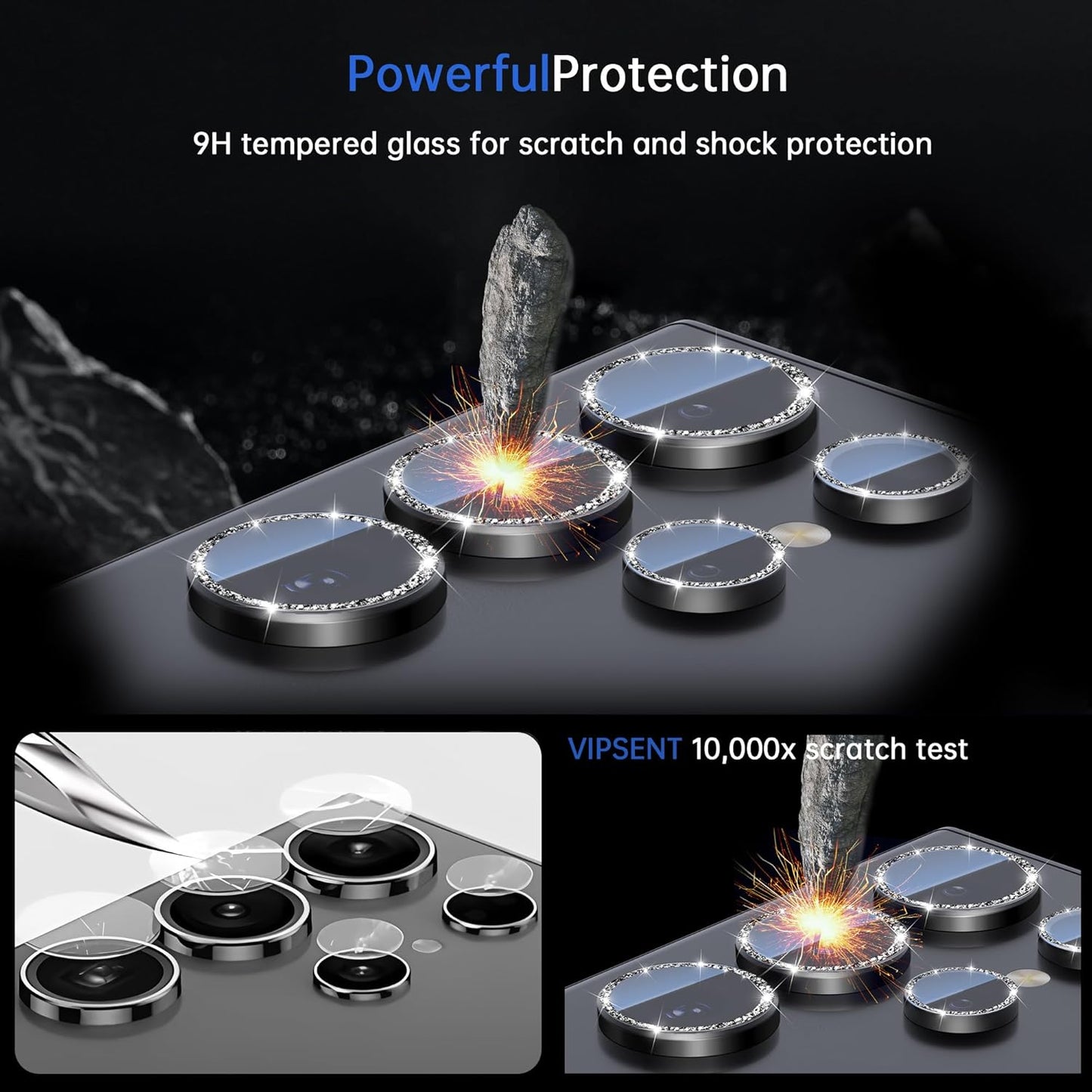 For Samsung Galaxy S23 Ultra Camera Lens Protector, Individual Lens Protector, Ultra HD 9H Tempered Glass Screen Protective Cover, Anti-scratch, Military Grade Drop Protection 2 Set. (Glitter Black, S23 Ultra)
