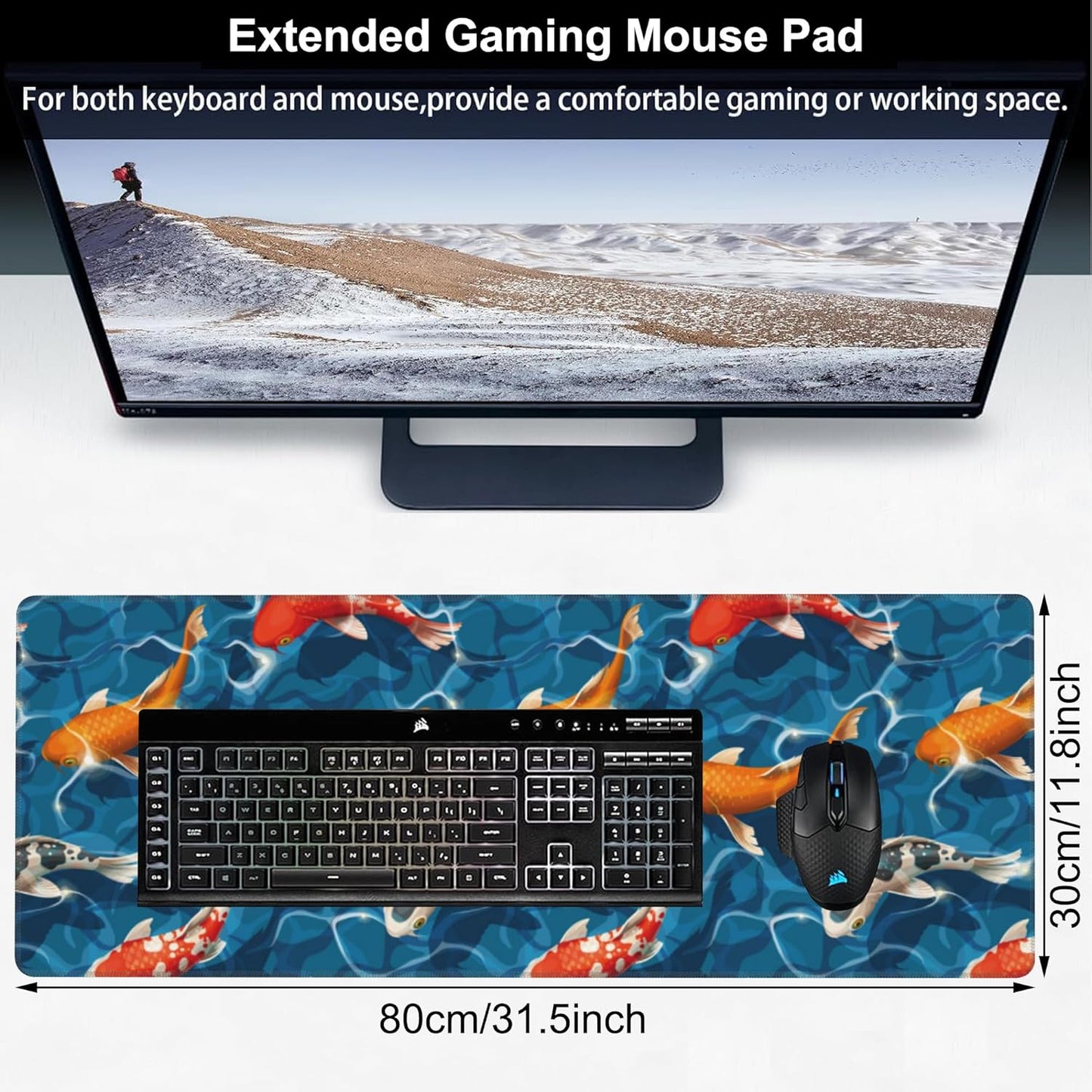 Koi Carps Desk Mat,Large Swimming Koi Fish Gaming Keyboard Mouse Pad,Non-Slip Rubber Base Desk Pad Thick Stitched Edges Waterproof Mousepad Mouse Mat 31.5"x11.8"