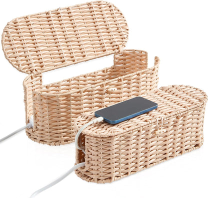 FairyHaus Cable Management Box 2Pack Cream, Handwoven Large and Small Cable Organizer Box Cover to Hide Cords and Power Strip, Imitation Wicker Cord Organizer Box Hider for Office Desk and Floor