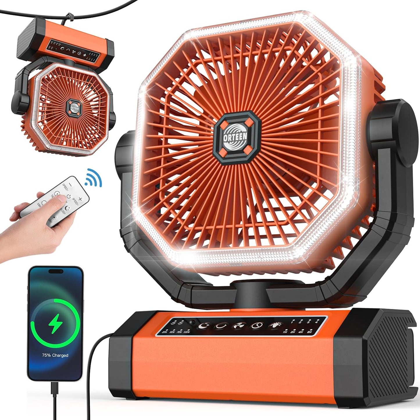 Battery Powered 9-Inch Rechargeable Portable Fan - 10000mAh(30Hrs) Auto Oscillation, Tent Fan with Remote/light, 4 Speeds, 4 Timing, Outdoor