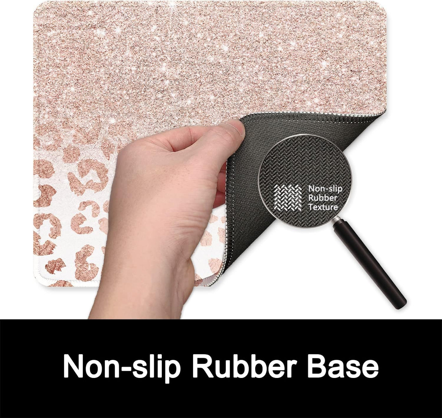 ITNRSIIET Mouse Pad with Stitched Edge Premium Textured Smooth Precise Operation Waterproof Washable Non-Slip Rubber Base Desktop Protection Mat, 10.2×8.3×0.12 inches, Rose Gold Leopard Print