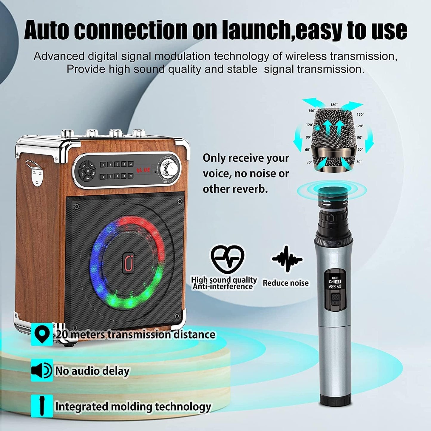 Bluetooth Speaker with Two Wireless Microphones, Outdoor Speaker with Subwoofer/Tweeter, Portable PA Speaker System with Remote Control, Discol Lights, FM, REC for Home, Party