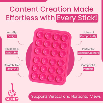 SUCKY Silicone Suction Phone Case Adhesive Octo Cup Buddy Mount - Anti-Slip Holder, Hands-Free Phone Accessory for iPhone & Android - Sticky Grip for Selfies, Videos - Hot Pink