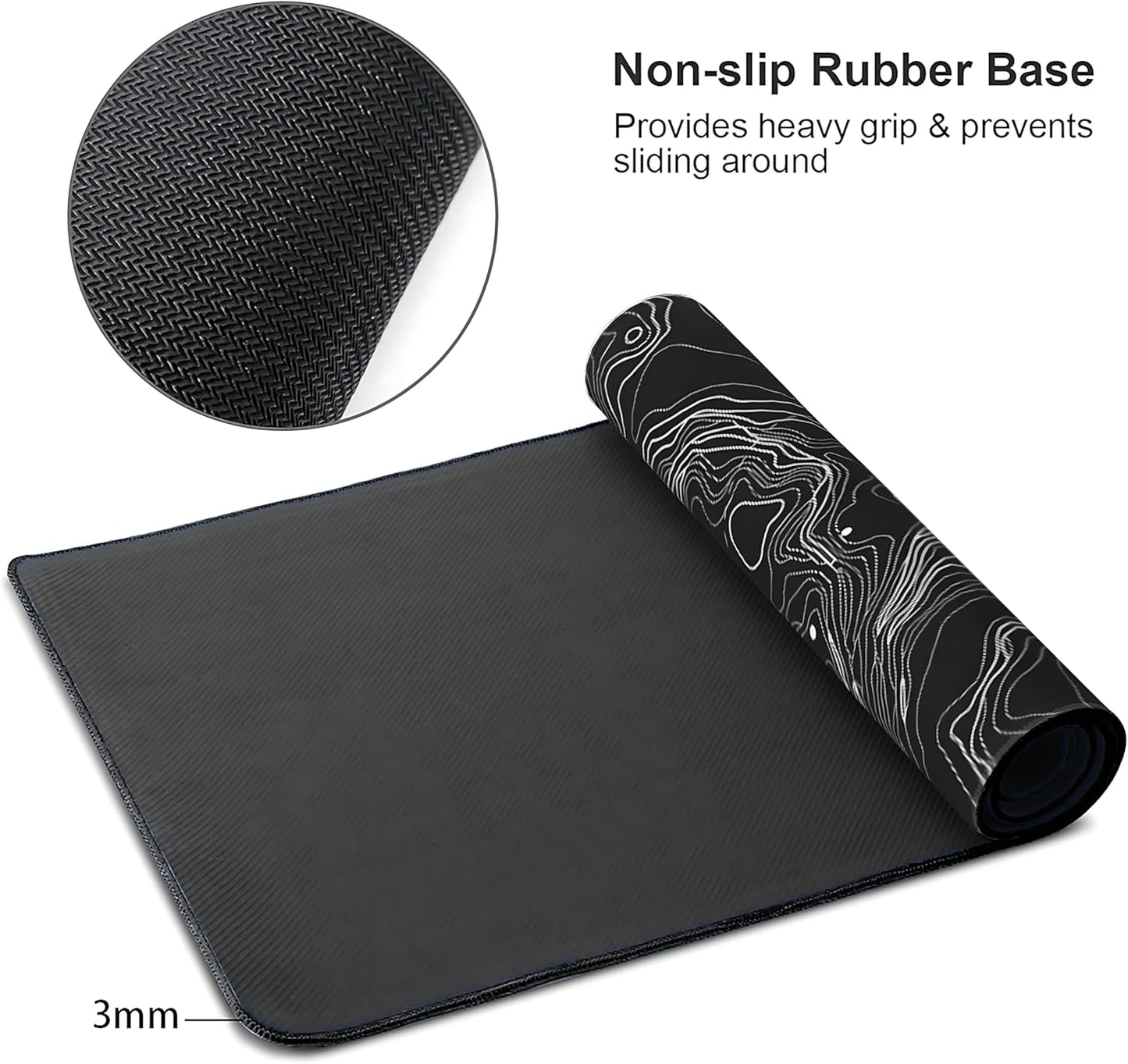 Black with White Topographic Line Large Mouse Pad,Gaming Keyboard Desk Pad,Extended Mouse Mat Non-Slip Rubber Base with Stitched Edges for Office Game Home XL 31.5"x11.8"