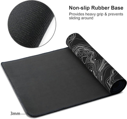 Black with White Topographic Line Large Mouse Pad,Gaming Keyboard Desk Pad,Extended Mouse Mat Non-Slip Rubber Base with Stitched Edges for Office Game Home XL 31.5"x11.8"