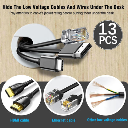 2" White Desk Grommet with Bi-Metal Hole Saw, JTemgle Plastic Cable Hole Cover Computer Table Cord Wire Organizer Caps, Desktop Cord Management for Home Office TV Stands Tabletops, 13 Pieces