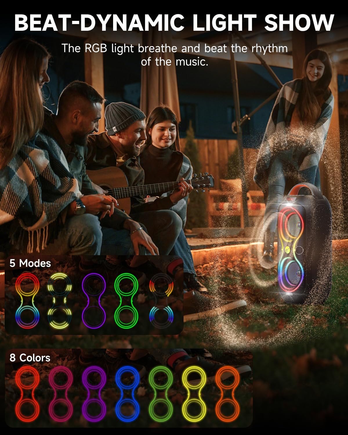 Wireless TWS Portable Bluetooth Speaker, Beat-Driven Lights, 120dB Loud Stereo Party Speaker with Bluetooth 5.3, USB/TF/AUX/FM/Mic, Built-in Carry Handle, Powerful Sound for Home,Outdoor,Party,Camping