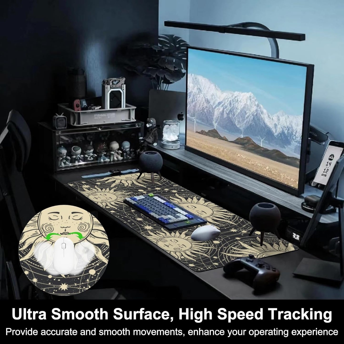 Mouse Pad, Large Golden Sun with a Face and Orbits Desk Mat, Extended Non-Slip Gaming Keyboard Mousepad Desk Pad, Thick Stitched Edges Waterproof Mouse Mat 31.5"x15.7" (Boho Pattern)